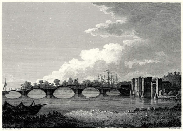 The first stone bridge in 1801 by Sir Richard Colt Hoare, illustrated for William Coxe’s An Historical Tour in Monmouthshire. The arches are in place, but the piers are not up to their full height and the roadway consists of a supported boardwalk.
