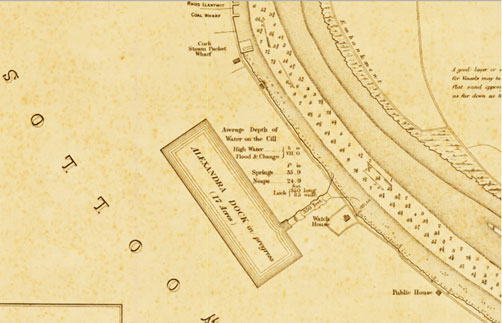 The original Alexandra Dock was under construction at the time of this 1870 survey of the river Usk