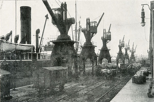The East Quay wall, which was brought into use in 1905, was 800’ long and was equipped with eight powerful hydraulic cranes, six of 3 tons, and two of 6 tons lifting capacity