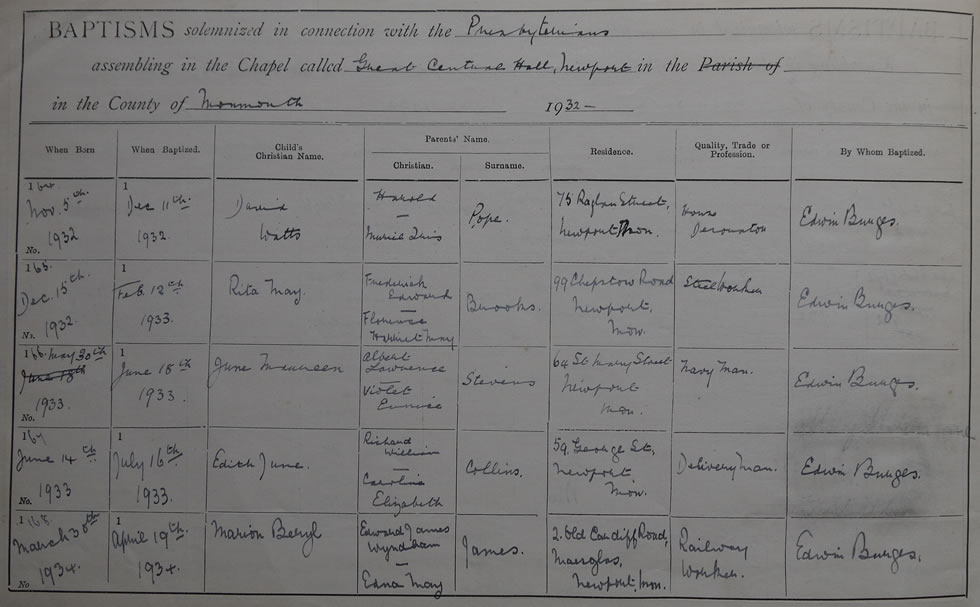 Page 34 of the Register of Baptisms for the Presbyterian Church of Wales assembling at the Great Central Hall in the Parish of Newport in the County of Monmouthshire