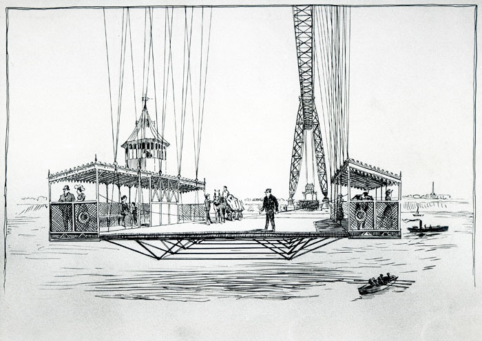 The gondola of Newport Transporter Bridge. Drawing by Samuel Loxton.