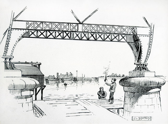 Looking through the piers of Newport Transporter Bridge. Drawing by Samuel Loxton.